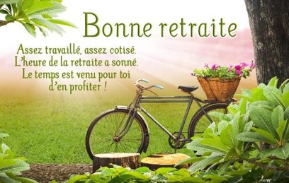 Illustration d'un vélo dans une foret, un texte se trouve intégré dans l'image et souhaite "Bonne retraite"